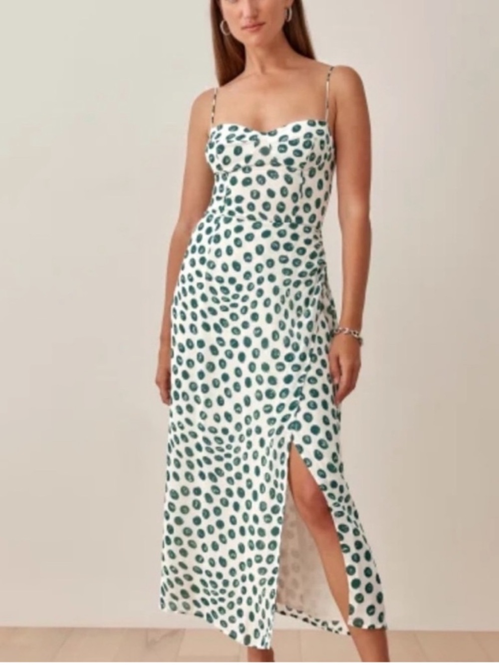 Reformation Green White Dot Adjustable Tie Strap Tapioca Kourtney Slip Dress- 12